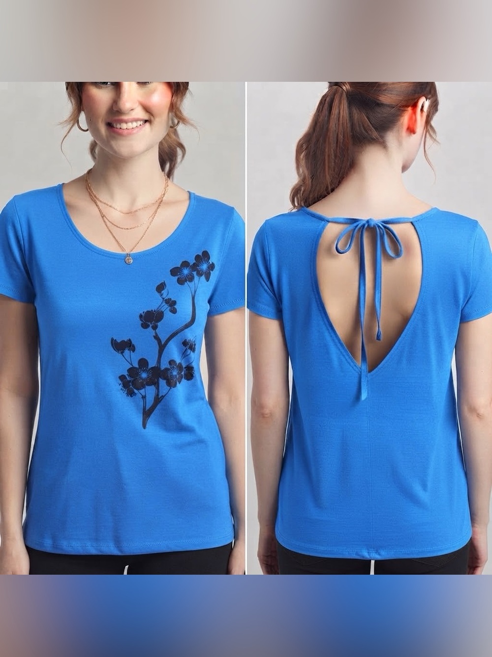 Peyari Collection Blue Floral Print Cutout Tie Back Short Sleeve Top Size L